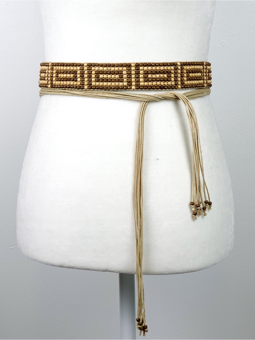 Wood bead belt boho wrap-around tie belt geometric pattern one size fits most